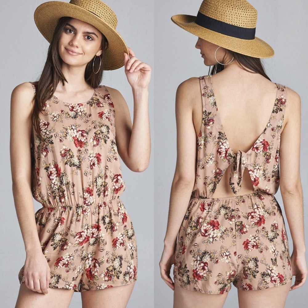 Sleeveless Round Neck Khaki Floral Romper